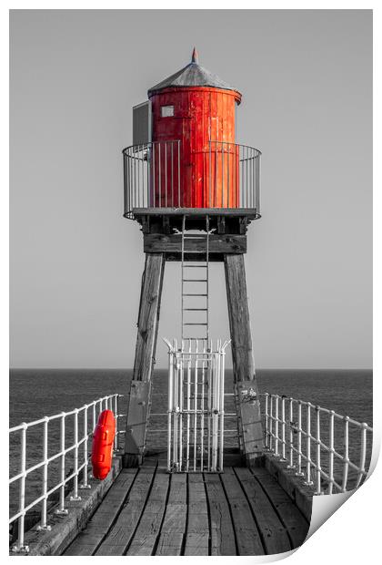 Whitby East Pier Light: Black, White, and Red Print by Tim Hill