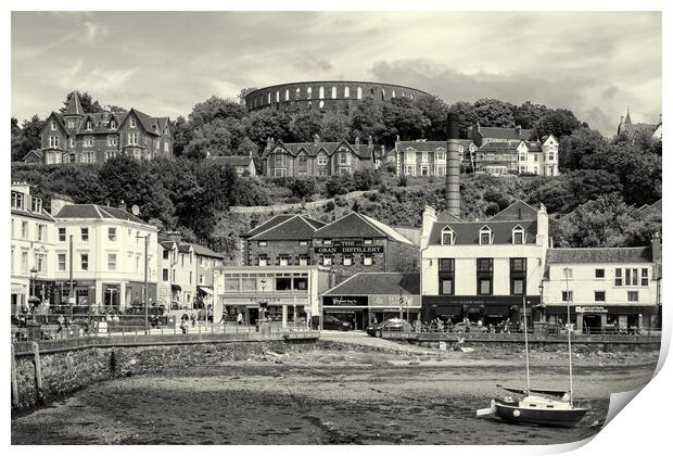 Oban Harbor with McCaig's Tower on the skyline.  Print by David Jeffery