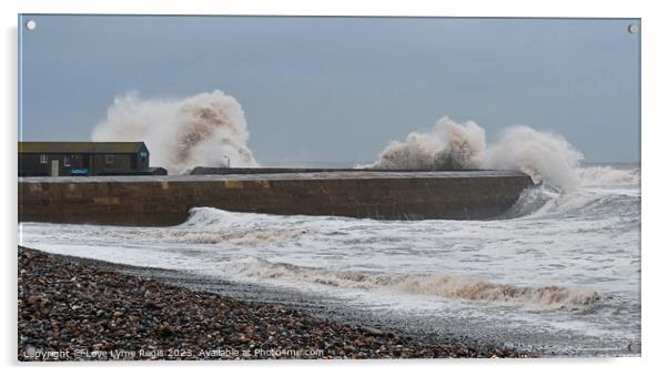 Huge waves crashing against the Cobb Storm Ciaran Lyme Regis Acrylic by Love Lyme Regis