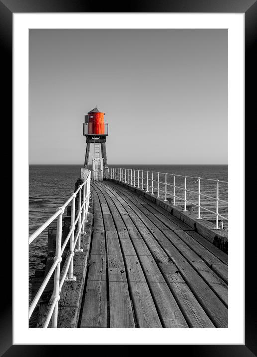 Whitby East Pier Light: Black, White, and Red Framed Mounted Print by Tim Hill