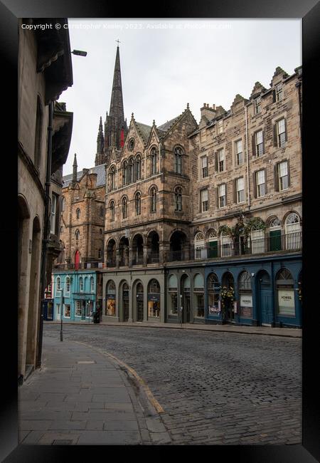 Victoria Street and gothic spire in Edinburgh Framed Print by Christopher Keeley