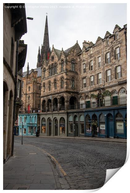 Victoria Street and gothic spire in Edinburgh Print by Christopher Keeley