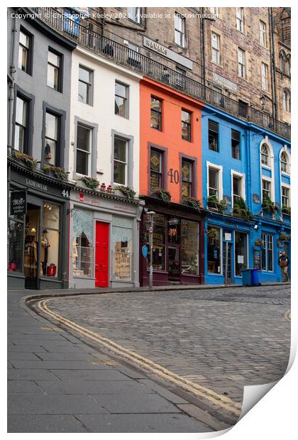 Historic Victoria Street and colourful shop fronts in Edinburgh Print by Christopher Keeley