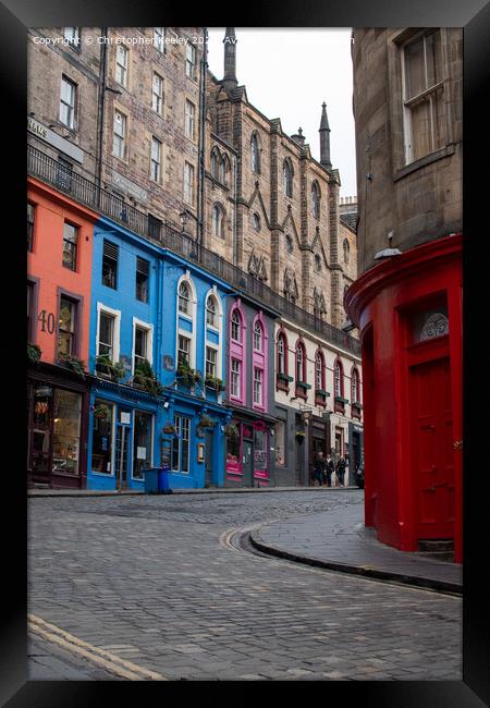 Looking onto Victoria Street, 'Diagon Alley', in Edinburgh city centre Framed Print by Christopher Keeley