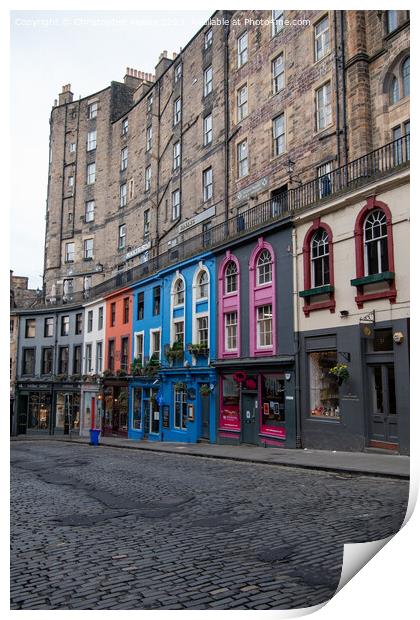 Colourful shop row on Victoria Street, Edinburgh Print by Christopher Keeley