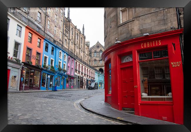 Looking towards 'Diagon Alley' Victoria Street in Edinburgh Framed Print by Christopher Keeley