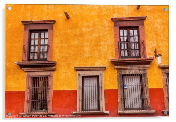 Yellow Red Wall Brown Windows San Miguel Allende Mexico Acrylic by William Perry