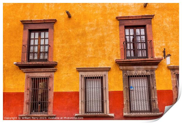 Yellow Red Wall Brown Windows San Miguel Allende Mexico Print by William Perry