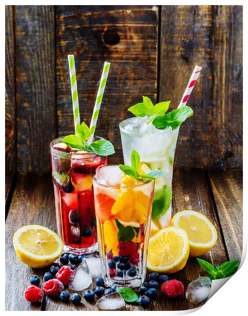 Fruit drinks on wooden background Print by CC Designs