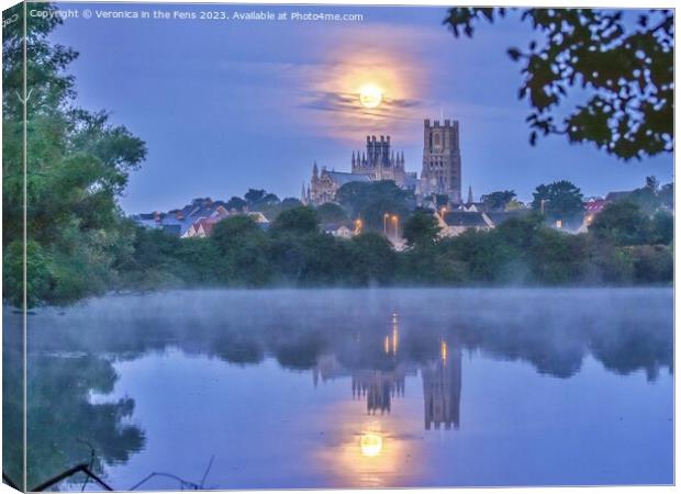 Full moon over Ely Cathedral  Canvas Print by Veronica in the Fens