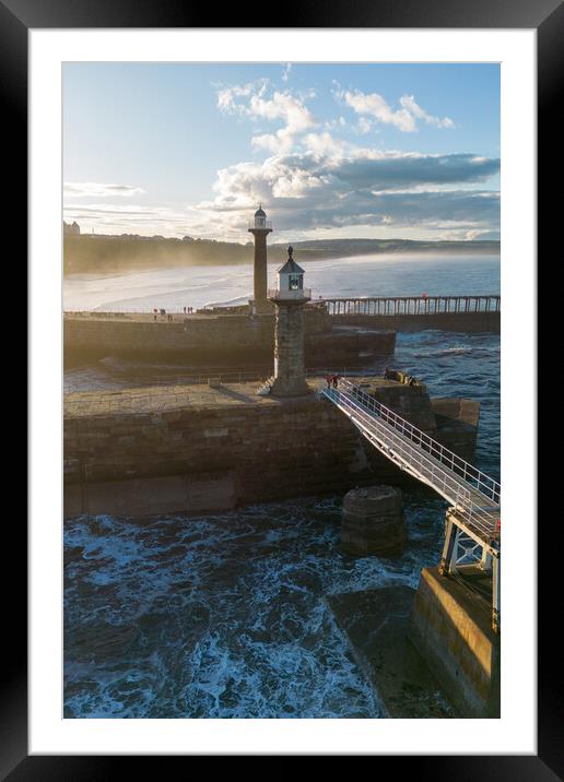 Whitbys Two Lighthouses Framed Mounted Print by Apollo Aerial Photography