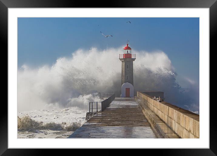 Storm waves over the Lighthouse Framed Mounted Print by Olga Peddi
