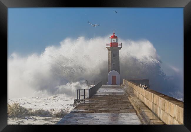 Storm waves over the Lighthouse Framed Print by Olga Peddi