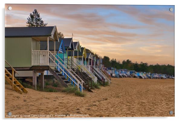 Sunset over Wells Next the Sea Beach Huts Acrylic by Janet Carmichael