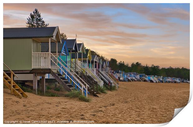 Sunset over Wells Next the Sea Beach Huts Print by Janet Carmichael