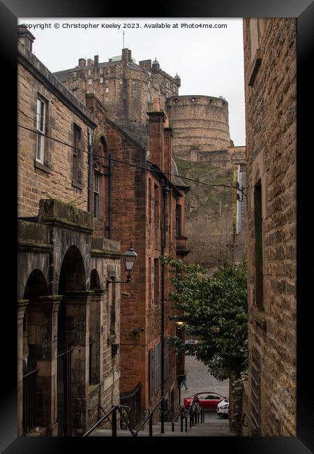 Edinburgh Castle views from The Vennel steps Framed Print by Christopher Keeley