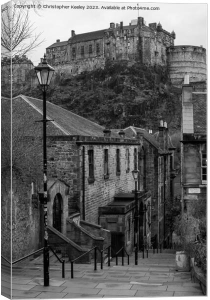 Edinburgh Castle from The Vennel in monochrome Canvas Print by Christopher Keeley