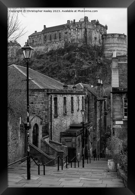 Edinburgh Castle from The Vennel in monochrome Framed Print by Christopher Keeley