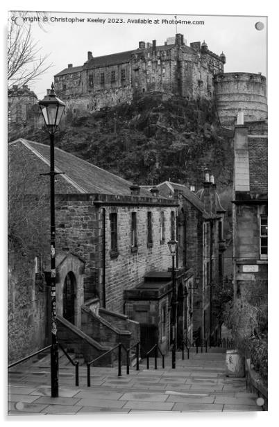 Edinburgh Castle from The Vennel in monochrome Acrylic by Christopher Keeley