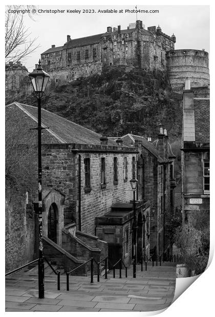 Edinburgh Castle from The Vennel in monochrome Print by Christopher Keeley