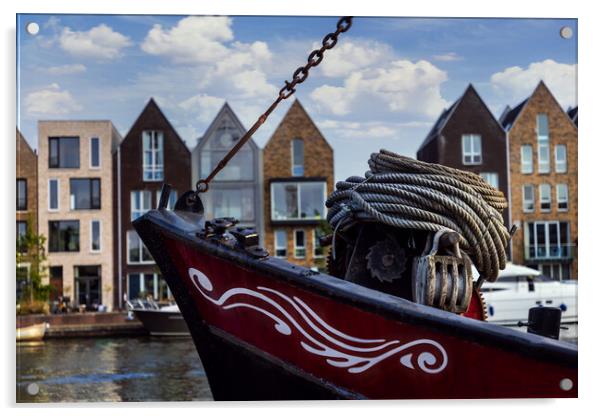 Boat on channel in Haarlem - Holland. Acrylic by Olga Peddi