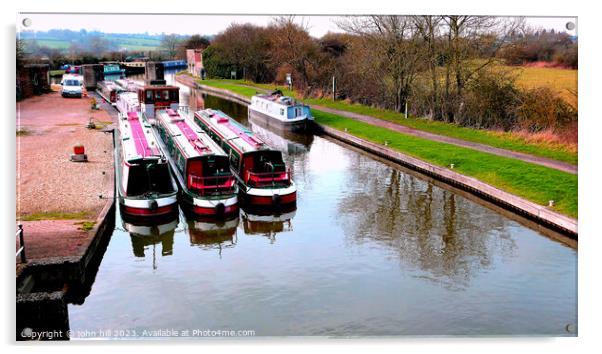 Barges and narrow boats berthed . Acrylic by john hill