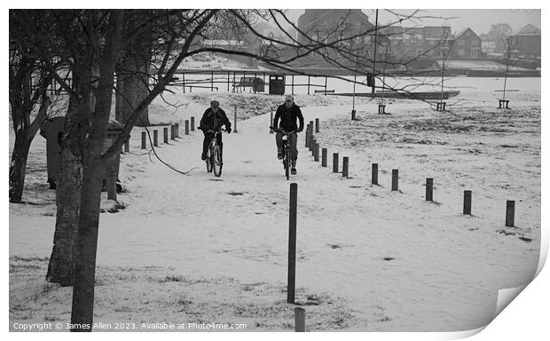 Bike Riding in the Snow  Print by James Allen
