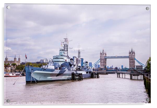 HMS Belfast at Tower Bridge Acrylic by Andy Salter