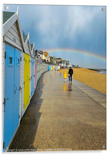 Pastel coloured beach huts Lyme Regis with a rainbow Acrylic by Love Lyme Regis