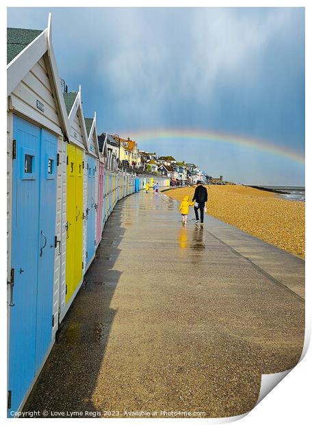 Pastel coloured beach huts Lyme Regis with a rainbow Print by Love Lyme Regis