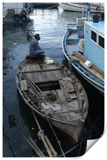 alone on boat Print by Hassan Najmy