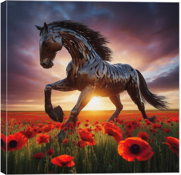 war horse in a poppy field Canvas Print by kathy white