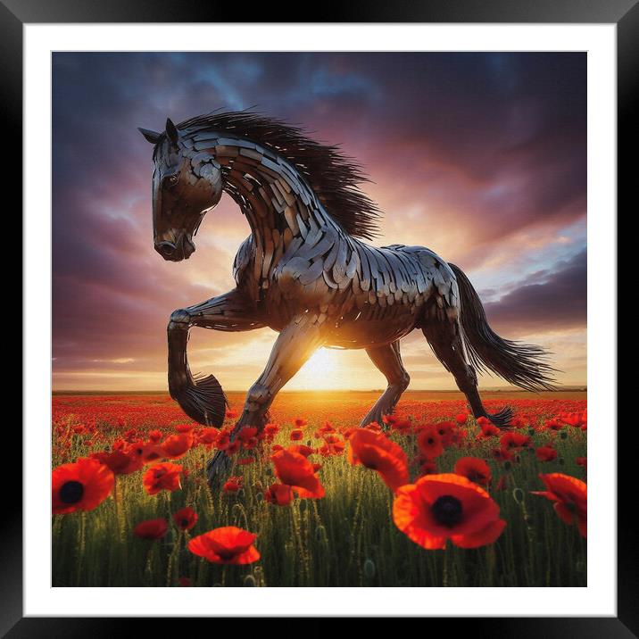 war horse in a poppy field Framed Mounted Print by kathy white