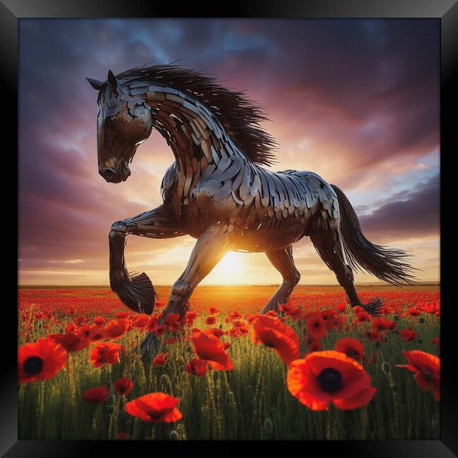 war horse in a poppy field Framed Print by kathy white