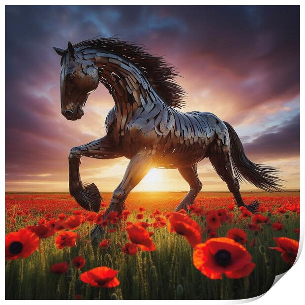 war horse in a poppy field Print by kathy white