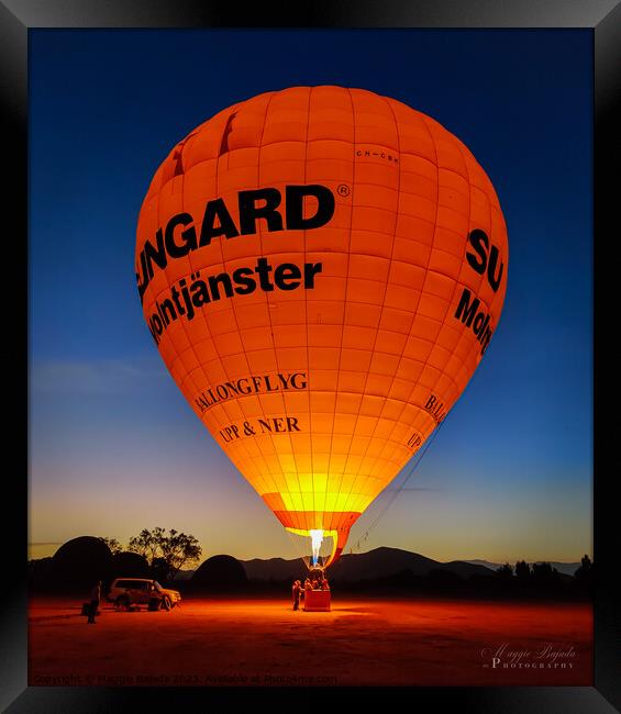 Red Hot Air Balloon with Blue Hour Background. Framed Print by Maggie Bajada