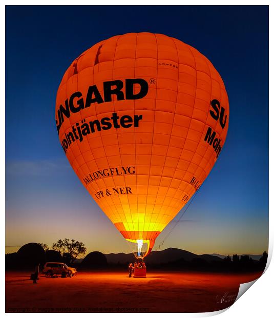 Red Hot Air Balloon with Blue Hour Background. Print by Maggie Bajada