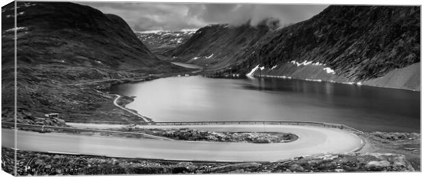 Monochrome /Black and White - Lakes with Mountains and Winding road. Canvas Print by Maggie Bajada