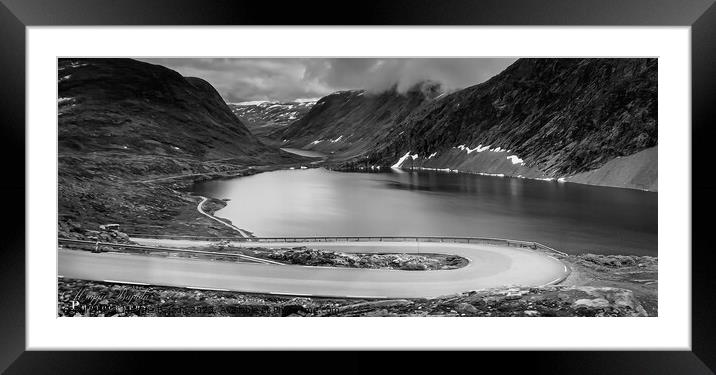 Monochrome /Black and White - Lakes with Mountains and Winding road. Framed Mounted Print by Maggie Bajada