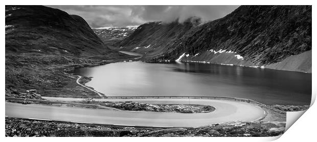 Monochrome /Black and White - Lakes with Mountains and Winding road. Print by Maggie Bajada