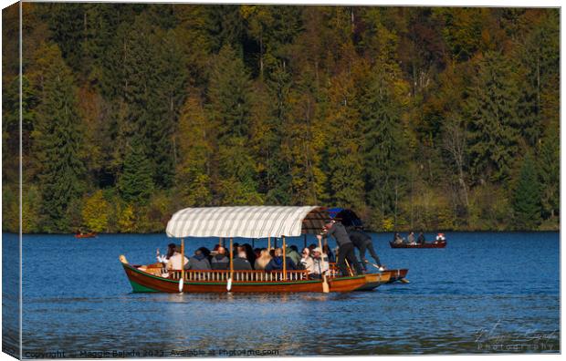 Pletna Boat with Autumn Trees background in Lake Bled.  Canvas Print by Maggie Bajada