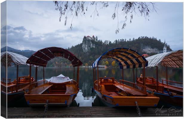 Colored Pletna Boats on Lake Bled, Slovenia. Canvas Print by Maggie Bajada