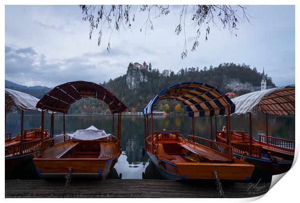 Colored Pletna Boats on Lake Bled, Slovenia. Print by Maggie Bajada
