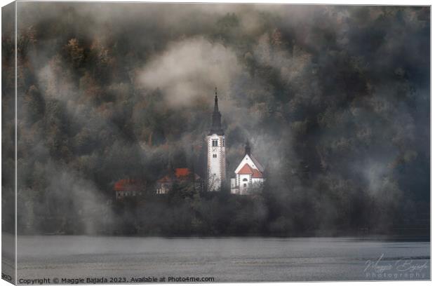 Misty Morning at Lake Bled with Clouds and Trees. Canvas Print by Maggie Bajada