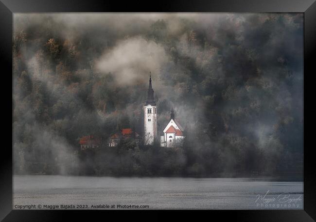 Misty Morning at Lake Bled with Clouds and Trees. Framed Print by Maggie Bajada