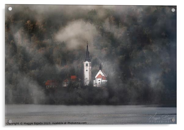 Misty Morning at Lake Bled with Clouds and Trees. Acrylic by Maggie Bajada