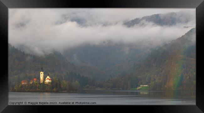 Lake Bled with Mountains and Rainbow. Framed Print by Maggie Bajada