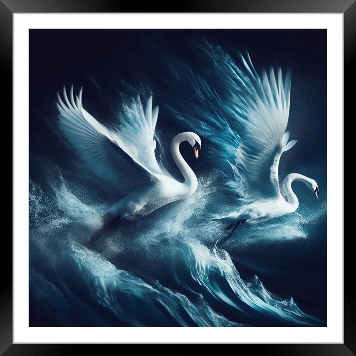 swans midnight dance Framed Mounted Print by kathy white