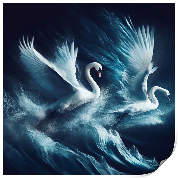 swans midnight dance Print by kathy white