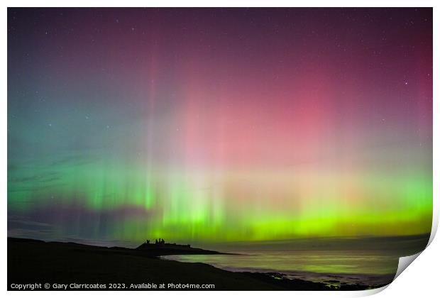 Northern Lights at Dunstanburgh Castle Print by Gary Clarricoates